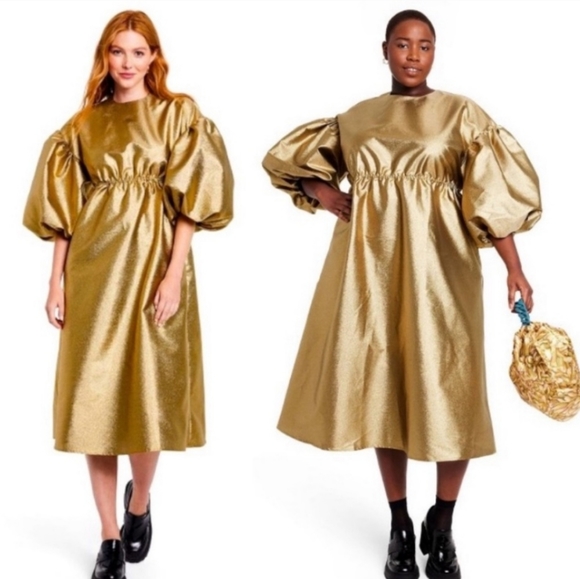 KIKA VARGAS x Target Women's Puff Sleeve Scallop Back Midi Dress - Gold - Picture 1 of 2